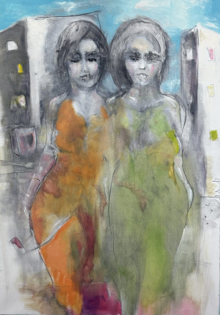 Transition, Out and About, contemporary abstract portraiture, figurative expressionism, emotional art, identity in art, LGBTQ art, transgender artist, queer contemporary painting, mixed media fine art.