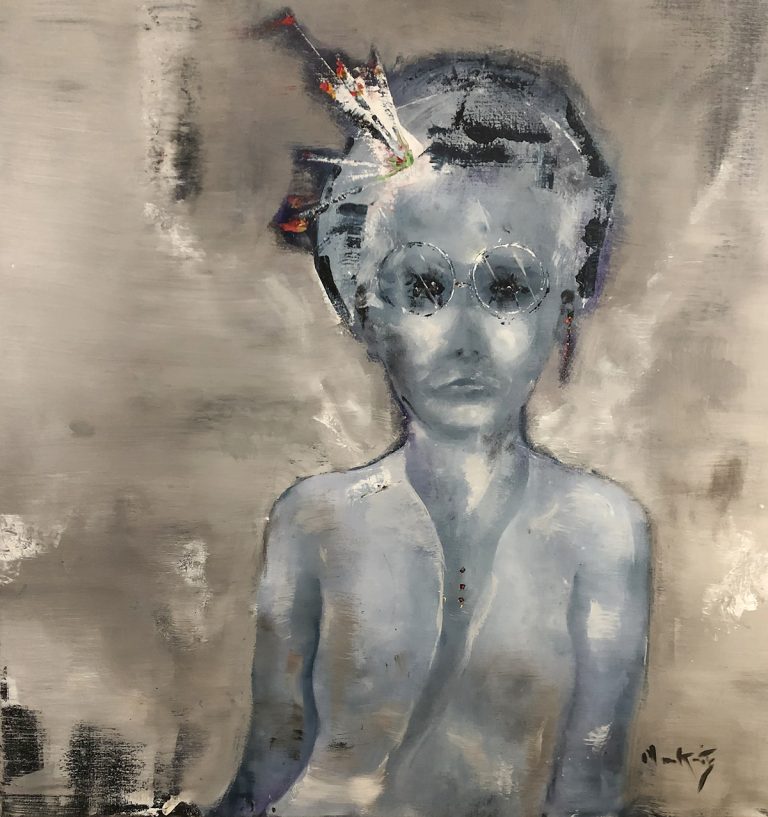 Transition, Out and About, contemporary abstract portraiture, figurative expressionism, emotional art, identity in art, LGBTQ art, transgender artist, queer contemporary painting, mixed media fine art.