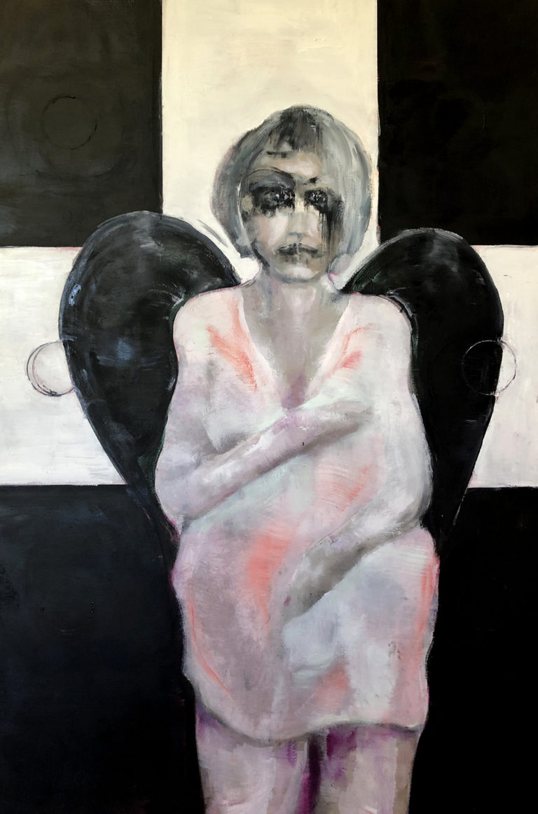 Transition, Out and About, contemporary abstract portraiture, figurative expressionism, emotional art, identity in art, LGBTQ art, transgender artist, queer contemporary painting, mixed media fine art.