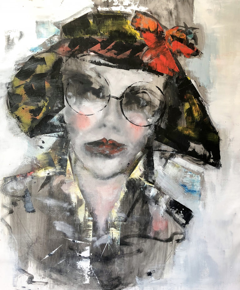 Close-up abstract portrait of a woman in oversized glasses and a patterned hat with a red accent, painted with expressive brushwork in muted tones and bold splashes of color.