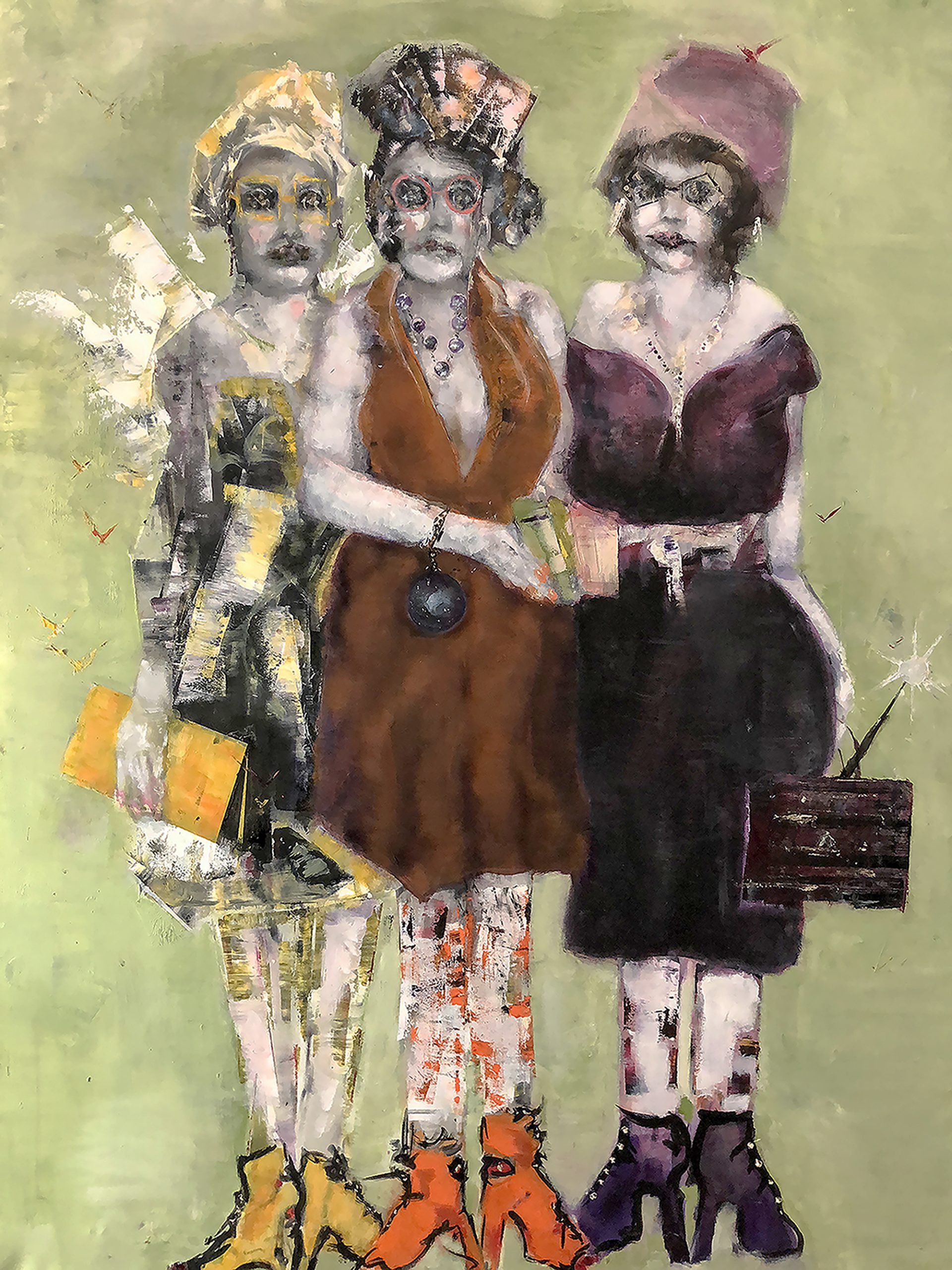 Whimsical figurative painting of three stylized women in colorful hats and bold footwear, set against a soft green background, blending humor, fashion, and surreal charm.