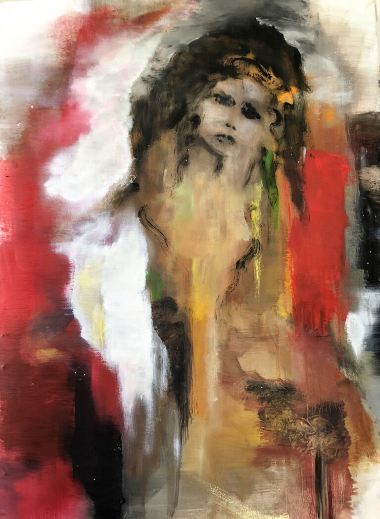 Transition, Out and About, contemporary abstract portraiture, figurative expressionism, emotional art, identity in art, LGBTQ art, transgender artist, queer contemporary painting, mixed media fine art.