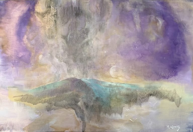 Contemplative abstract oil painting with layered color, soft horizon, and subtle geometric forms exploring harmony, time, and space.