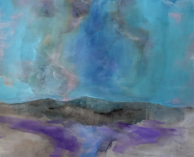 Contemplative abstract oil painting with layered color, soft horizon, and subtle geometric forms exploring harmony, time, and space.